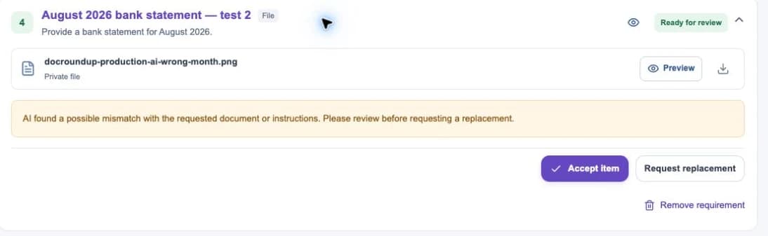 Wrong-month bank statement with a possible mismatch warning and review actions