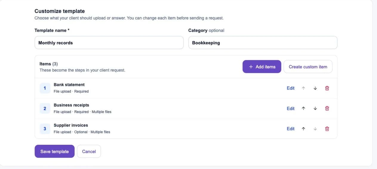 Template editor with controls to edit, reorder and remove checklist items